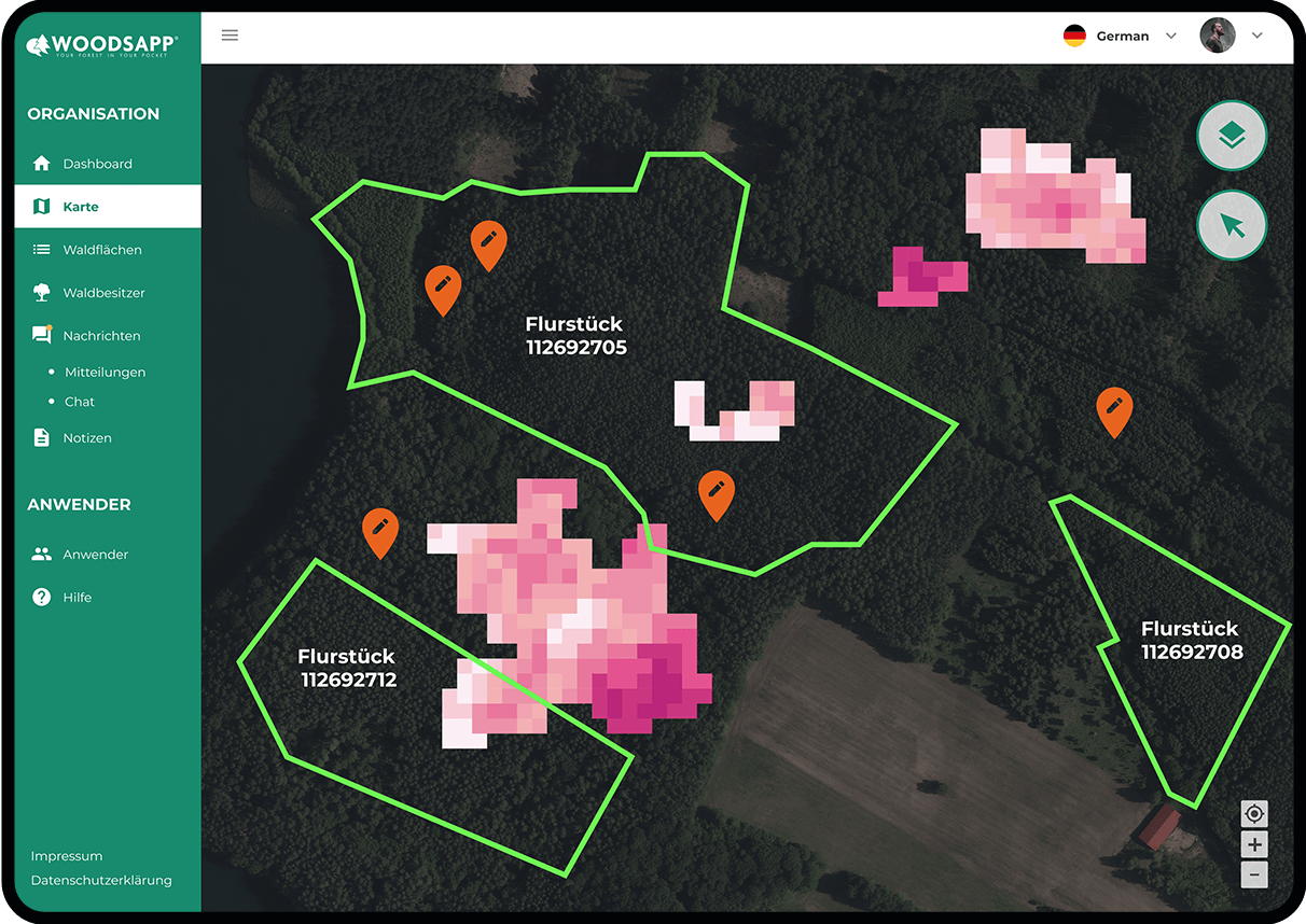 Our WoodsApp Pro supports forest organizations in their work by providing current data and creating better conditions for communicating with forest owners.
